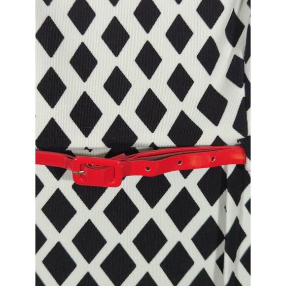 R&K Dress Size 10 Black White Diamond Print Red Belted Sheath Knee Length - Picture 5 of 15